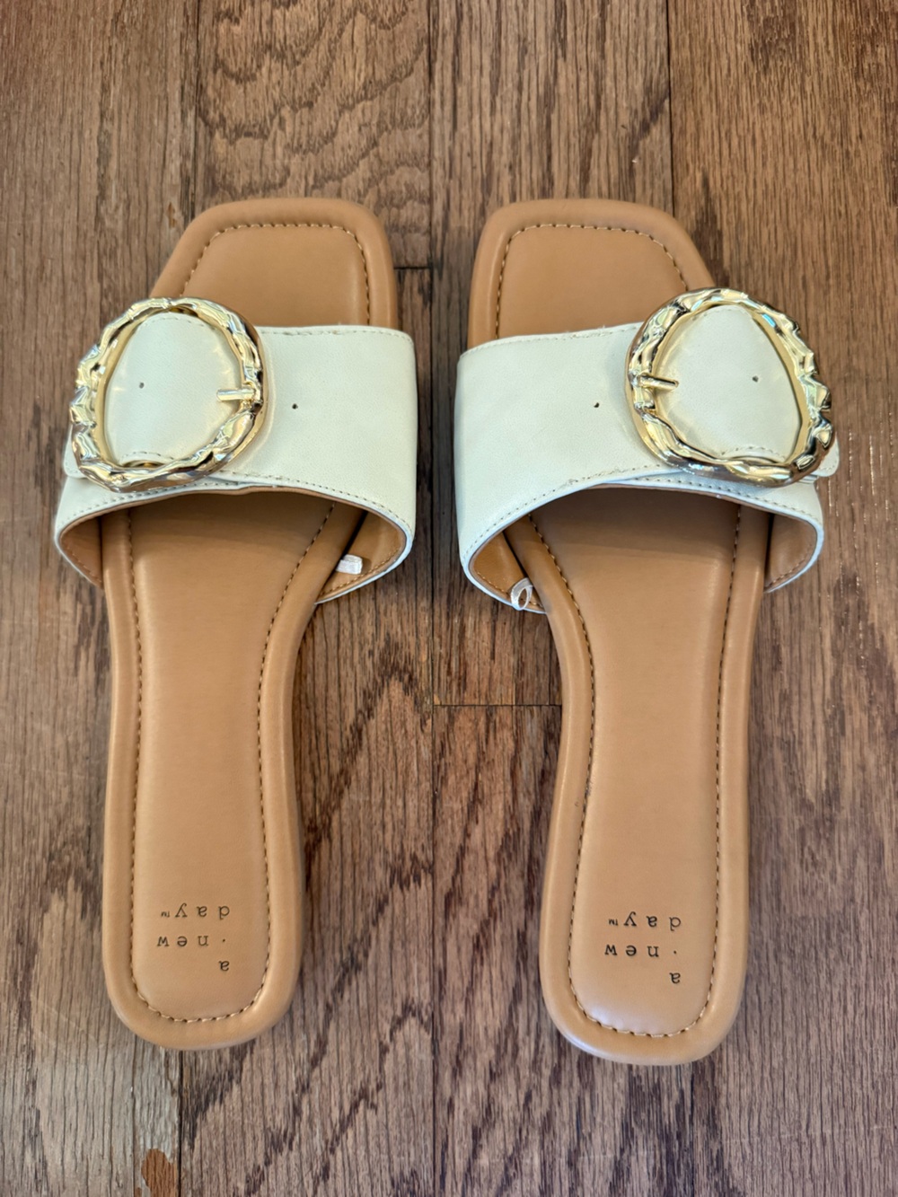 a new day Cream Slide Sandals with Gold Buckle